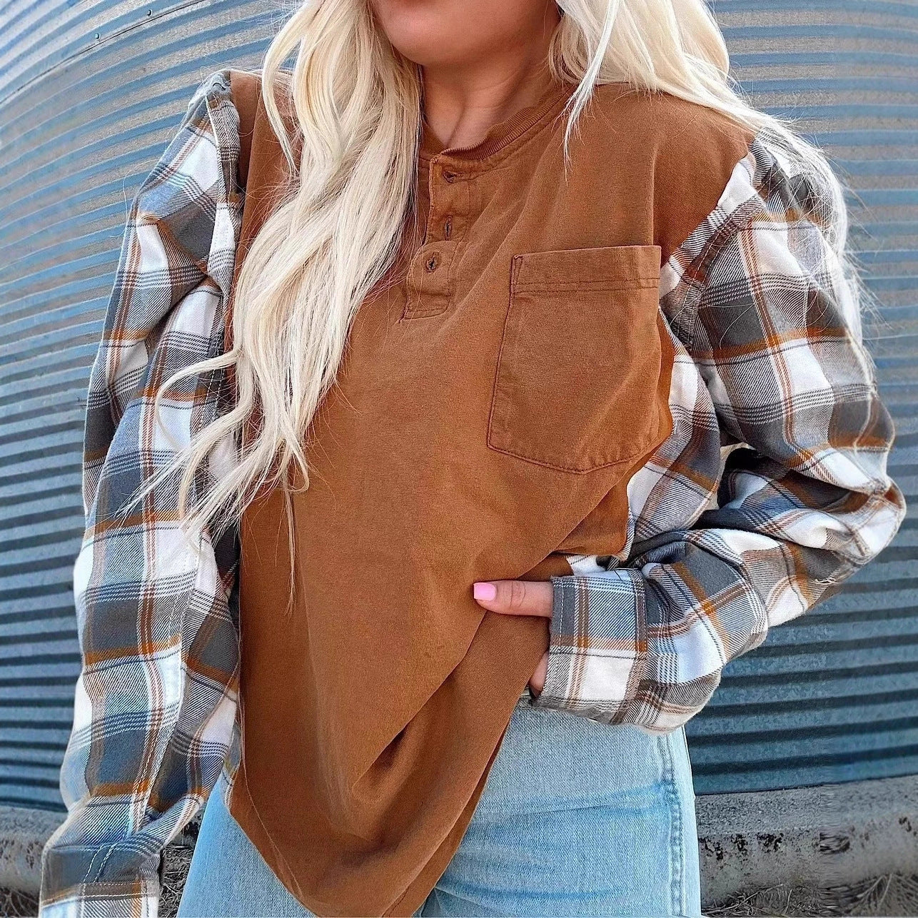 Damen Langarmshirt karierte Ärmel Norvielle - Norvielle