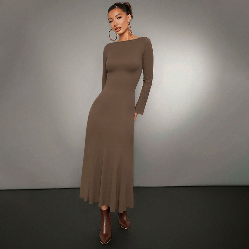 Damen Midikleid Langarm Rundhalsausschnitt Schwingender Saum Norvielle