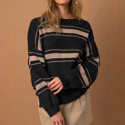 Damen Strickpullover Übergroße Ärmel Streifen Norvielle