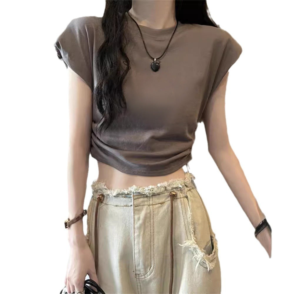 Damen T-Shirt Kurzarm Verstellbarer Kordelzug Puffärmel
