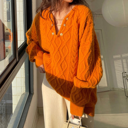 Damen Grobstrickpullover mit Knöpfen und Zopfmuster - Norvielle