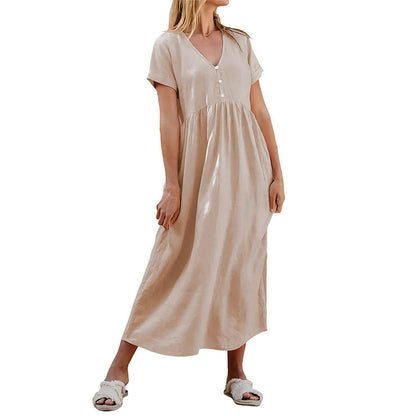 Damen Maxikleid V-Ausschnitt Dekorative Knöpfe