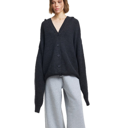 Damen Oversized Strickjacke mit Kapuze und Knöpfen