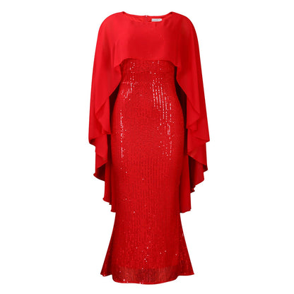 Damen Abendkleid Pailletten Cape Schimmernd