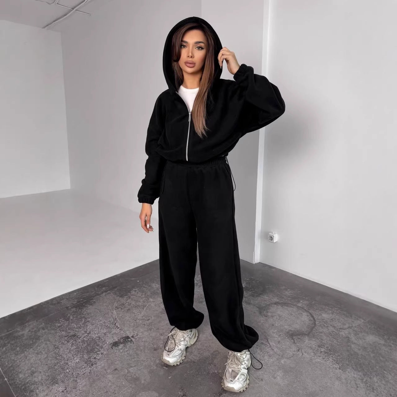 Damen Fleece-Jogginganzug Oversized mit Kapuze