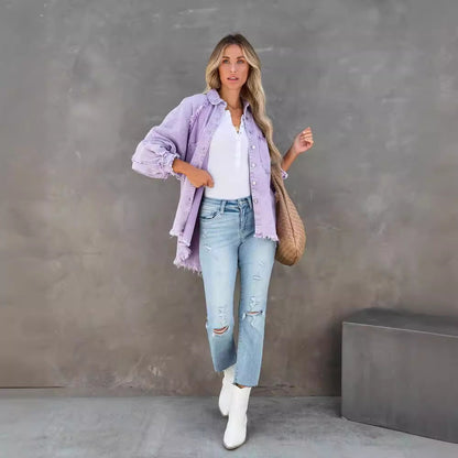 Damen Oversized Denim-Hemd mit Fransen Norvielle
