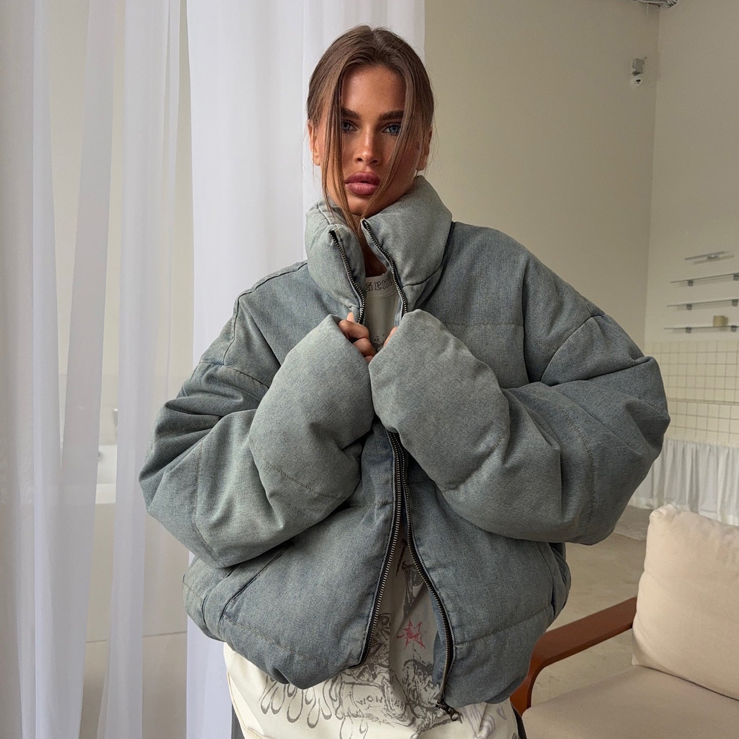 Damen Oversized Steppjacke Hochkragen Norvielle