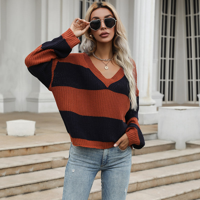 Damen Oversized Strickpullover V-Ausschnitt Blockstreifen Norvielle