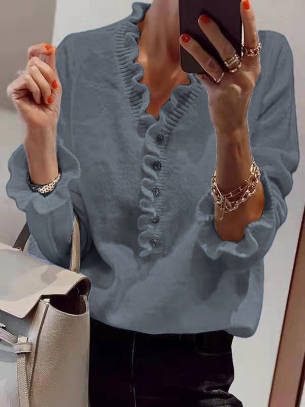 Damen Bluse Rüschendesign Knopfleiste Norvielle