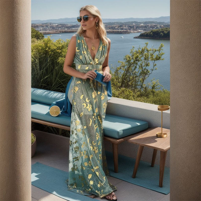 Damen Maxi-Kleid V-Ausschnitt Goldmuster Elegantes Norvielle