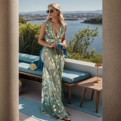 Damen Maxi-Kleid V-Ausschnitt Goldmuster Elegantes Norvielle