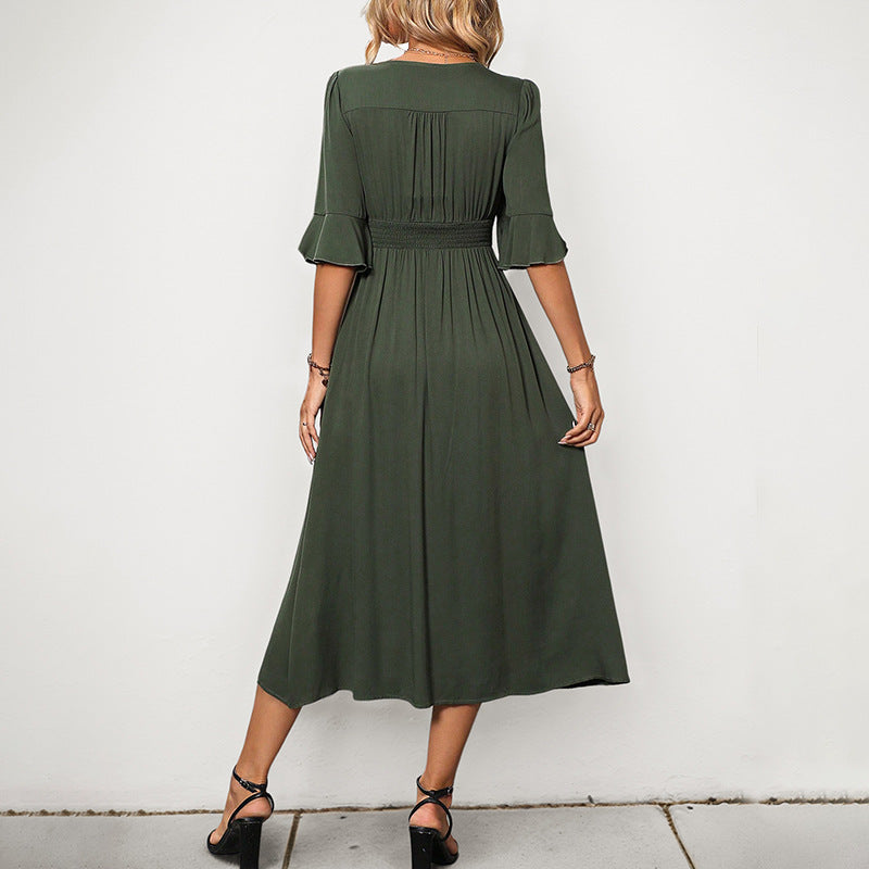 Damen Maxikleid V-Ausschnitt Seitenschlitz Knopfdetails Norvielle