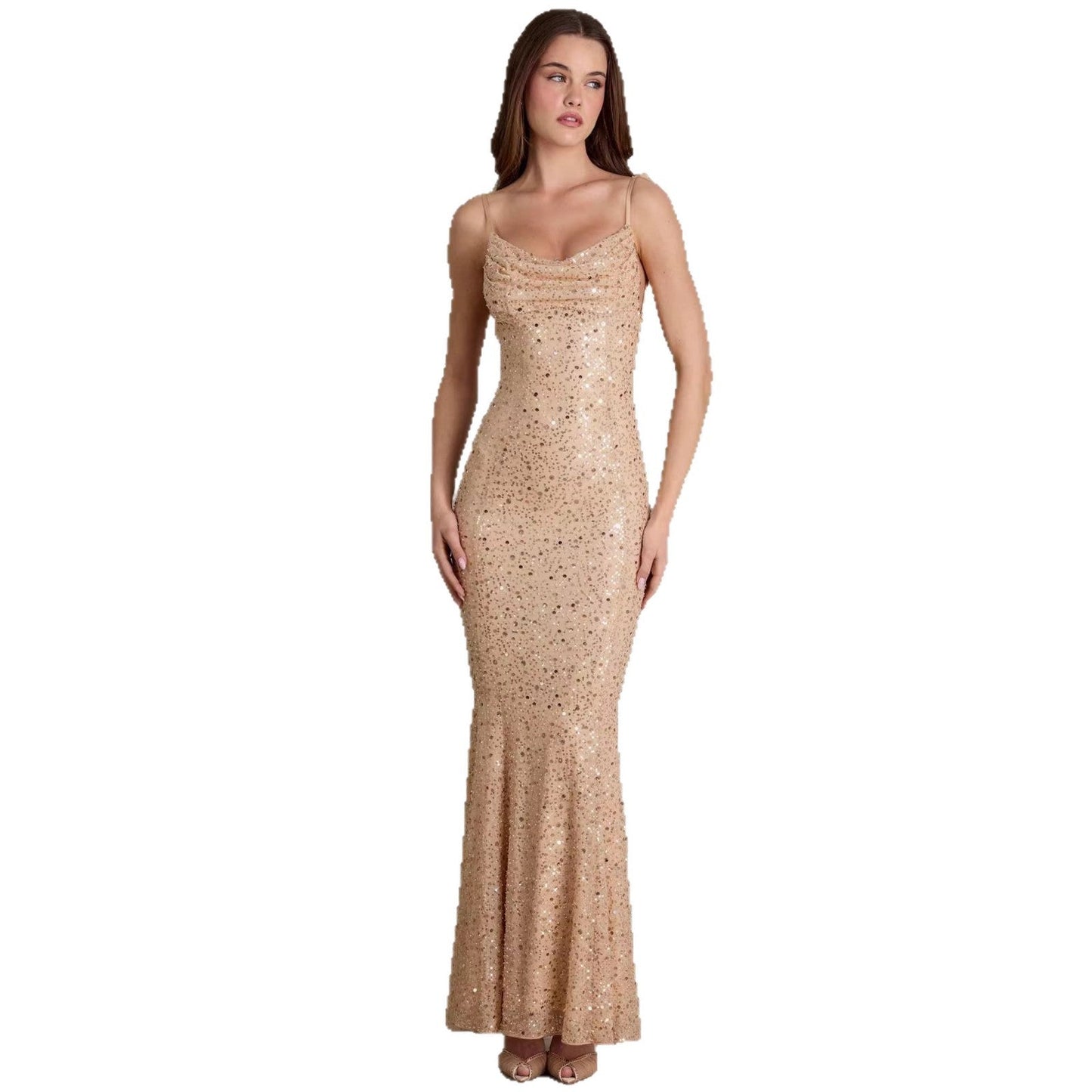 Damen Maxi-Kleid Pailletten Wasserfallausschnitt Figurbetonter Stoff
