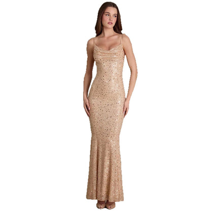 Damen Maxi-Kleid Pailletten Wasserfallausschnitt Figurbetonter Stoff