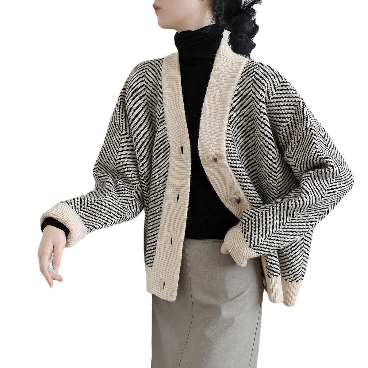 Damen Strickjacke Chevron-Muster Elegante Knöpfe Norvielle