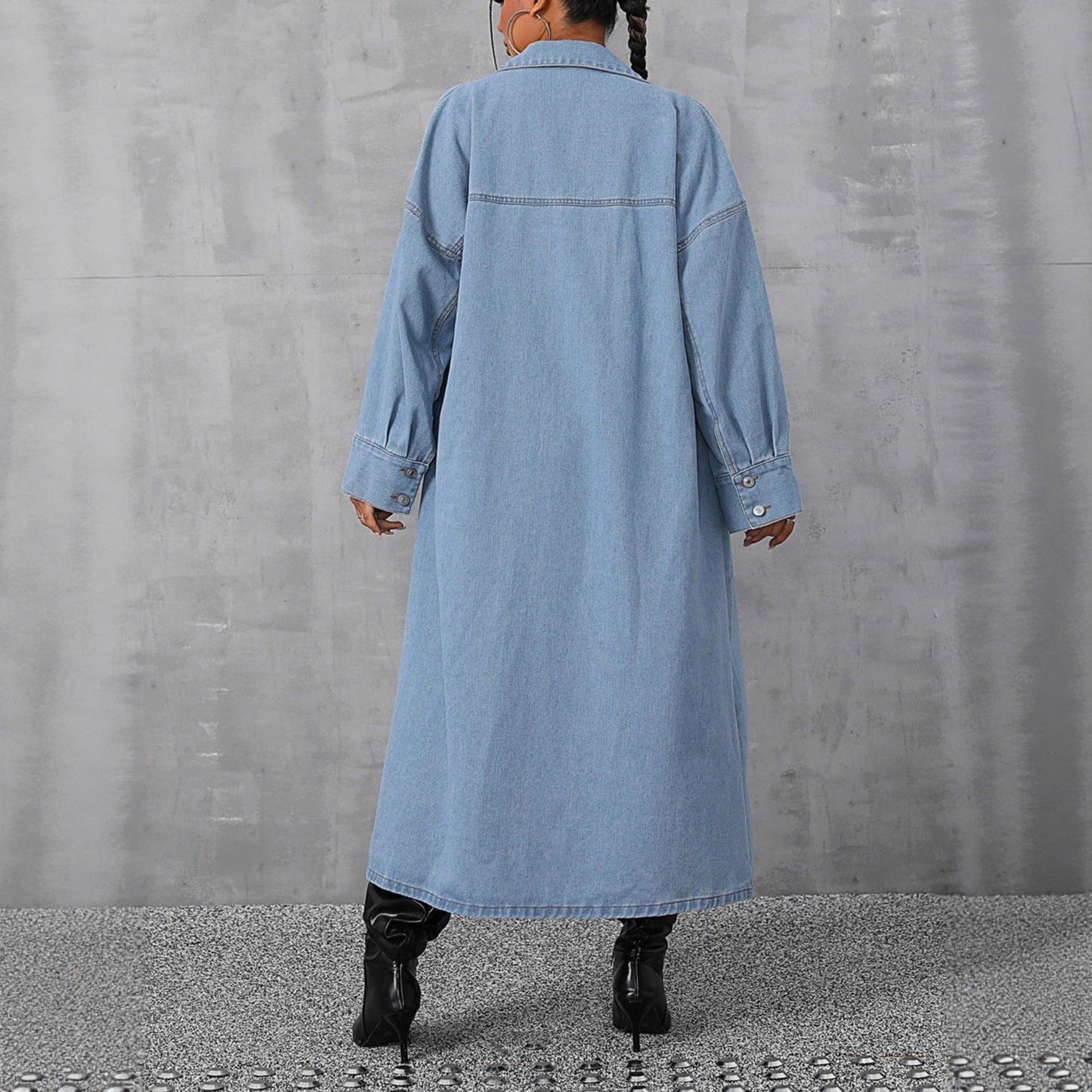 Damen Denim Maxi-Jacke Oversized Bequeme Druckknöpfe