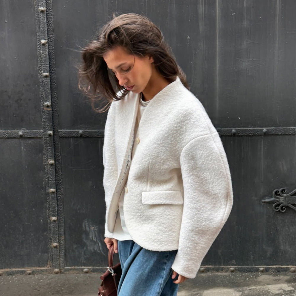 Damen Boucle-Jacke Überschnittene Schultern Knopfverschluss Norvielle