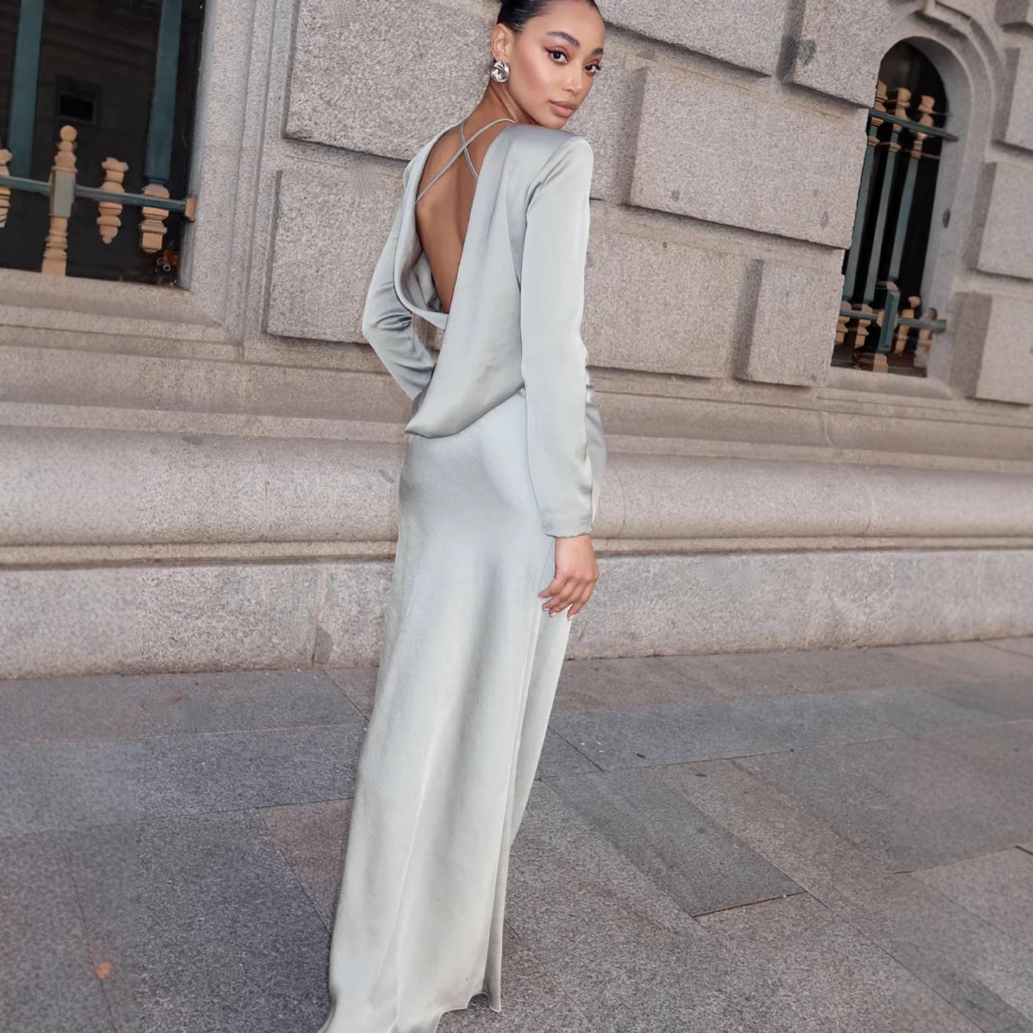 Damen Langarmkleid Satin Glänzend Figurbetonter Schnitt