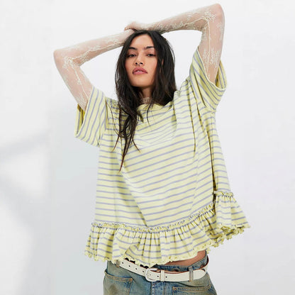 Damen Oversized Streifen T-Shirt mit Rüschen Weiß-