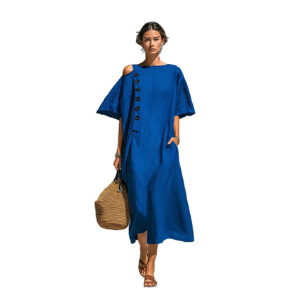 Damen Oversize Langarmkleid Asymmetrischer Ausschnitt Knöpfe