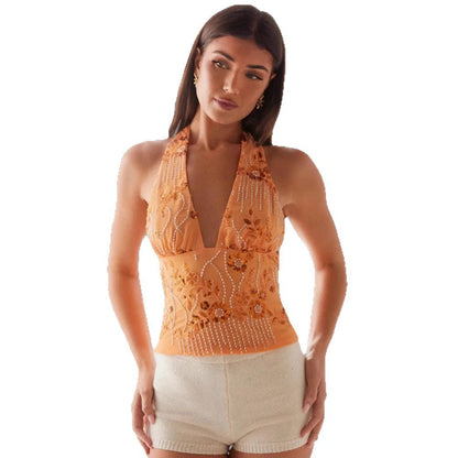 Damen Haltertop Florales Design Schimmernde Applikationen