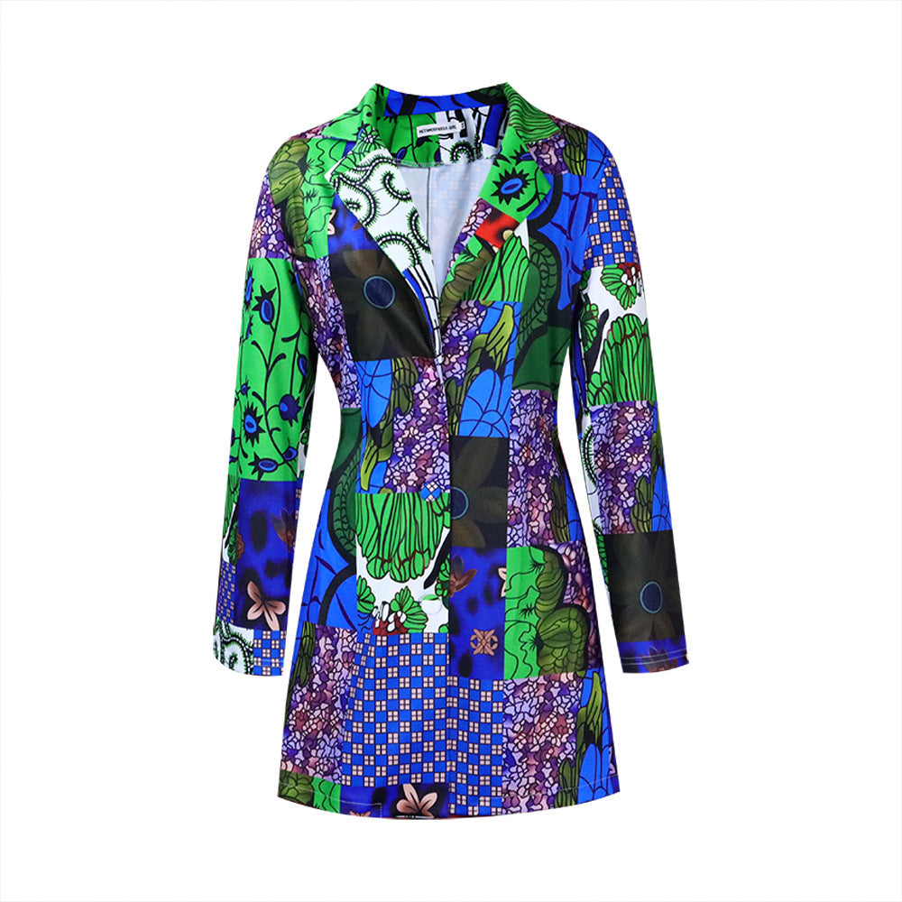 Damen Blazer-Kleid Patchwork-Muster Bunt