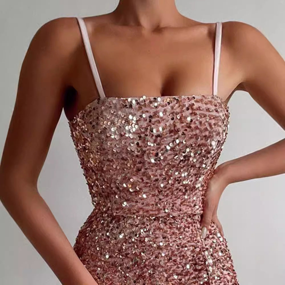 Damen Pailletten-Kleid mit Schlitzen und Spaghetti-Trägern Norvielle