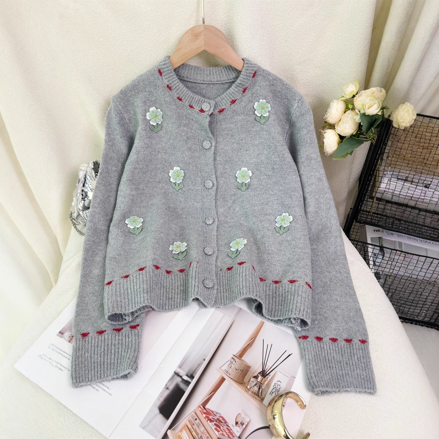 Damen Strickjacke Florales Muster Knopfverschluss Norvielle