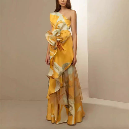 Damen Maxikleid Asymmetrisch Florale Rüschen