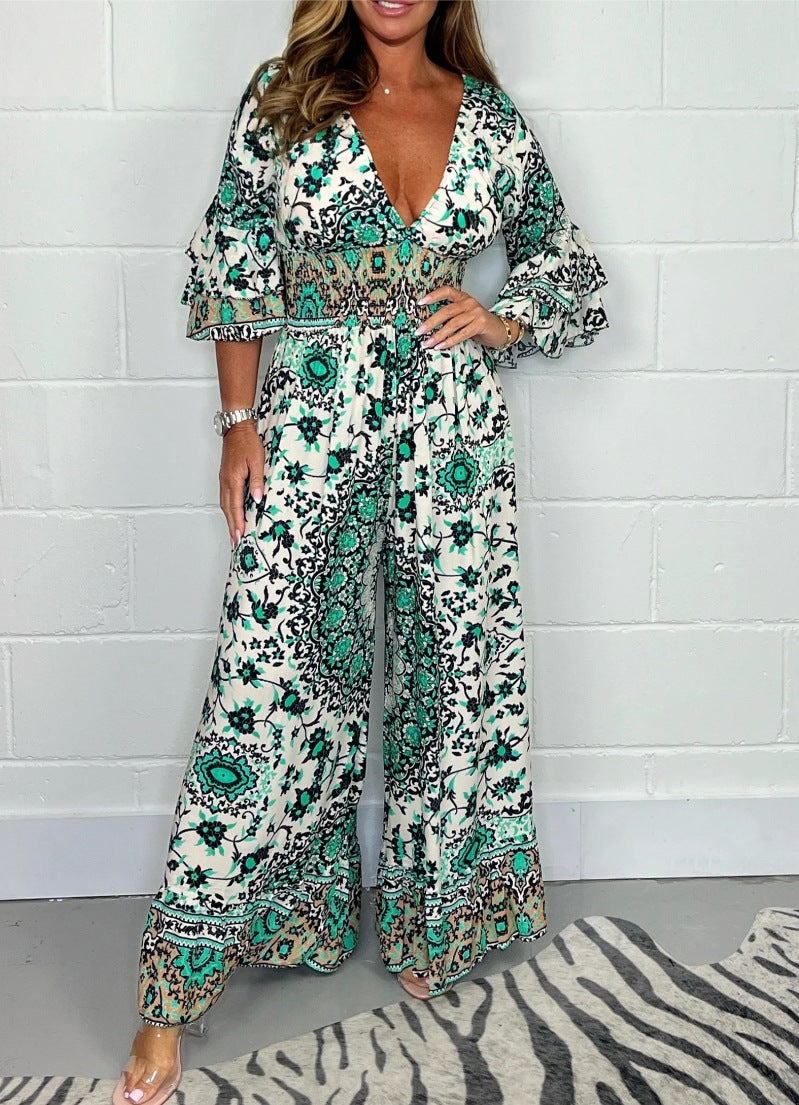 Damen Jumpsuit Floralmuster Weite Ärmel Norvielle