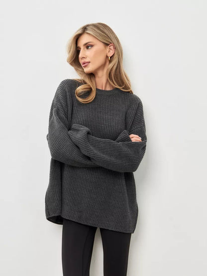 Damen Oversized Strickpullover Leichtes Rippenmuster Offene Ärmel