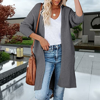 Damen Grobstrick-Cardigan Lässig Offene Kanten Beige