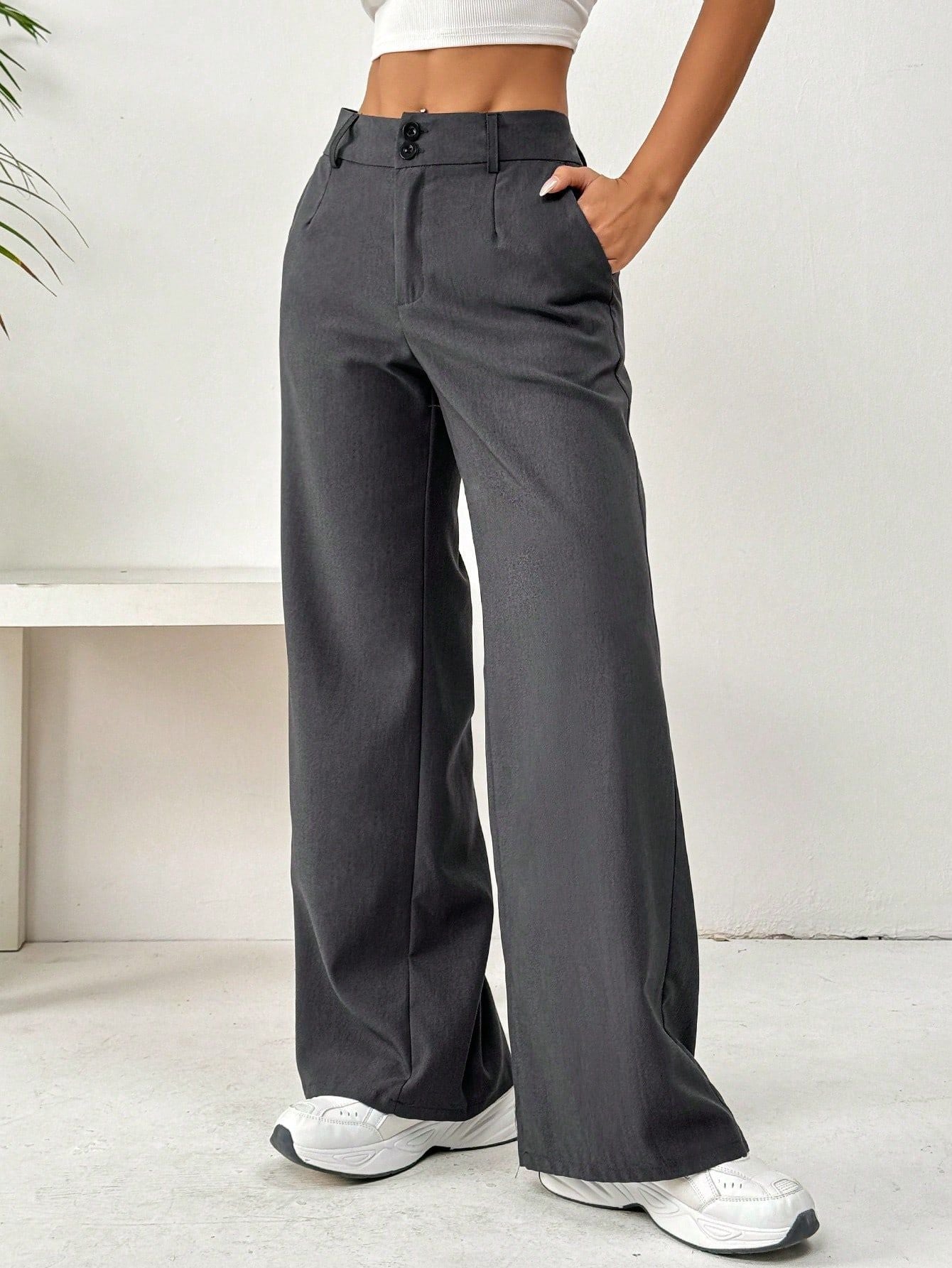 Damenweite Hose Hochbund Elegant Knöpfe
