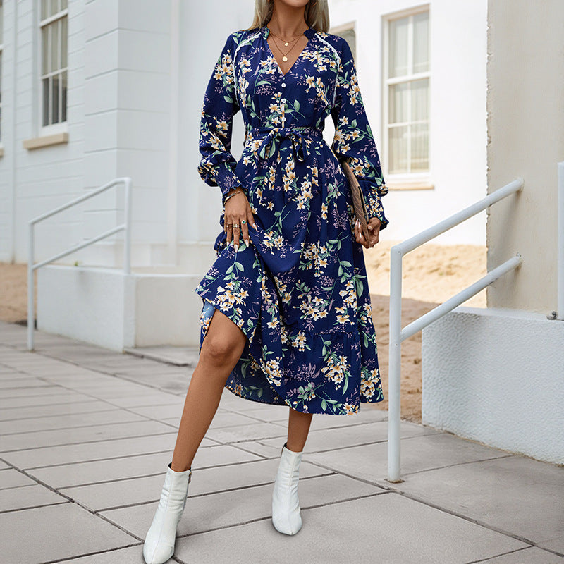 Damen Wickelkleid Midi florale Muster Voluminöse Ärmel - Norvielle
