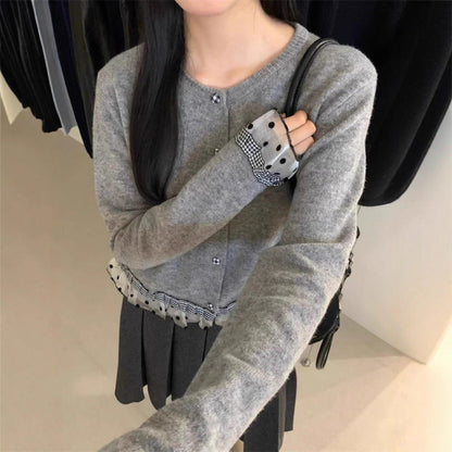 Damen Strickjacke Dekoratives Rüschen- und Knopfdesign