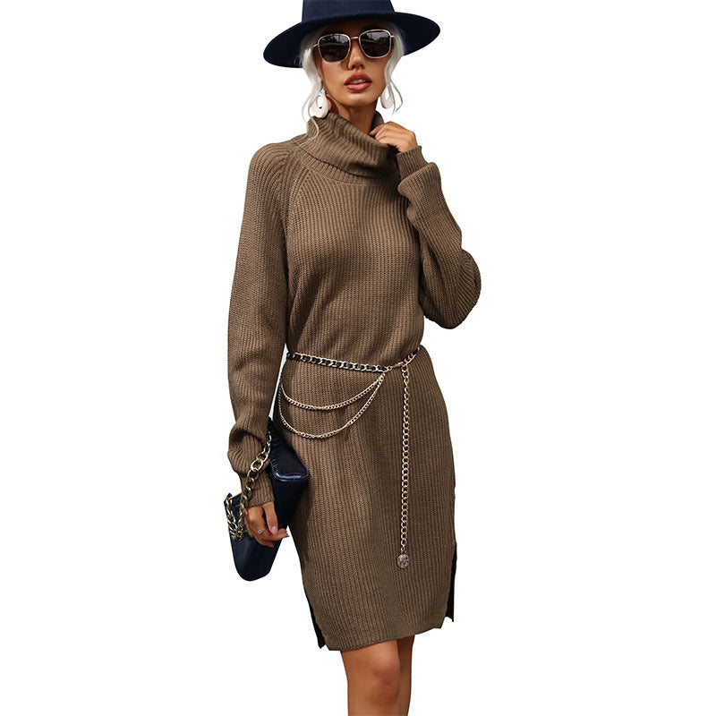 Damen Strickkleid Hochkragen Kettenbund Norvielle