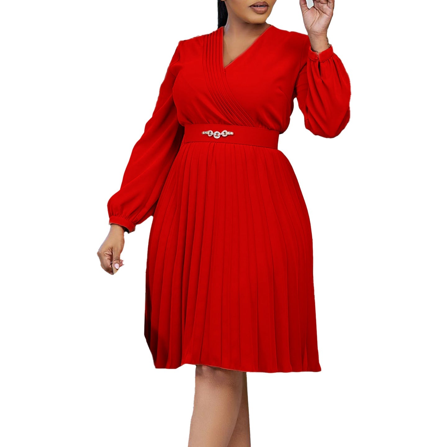 Damen Kleid Plissee V-Ausschnitt mit Taillengürtel Elegant