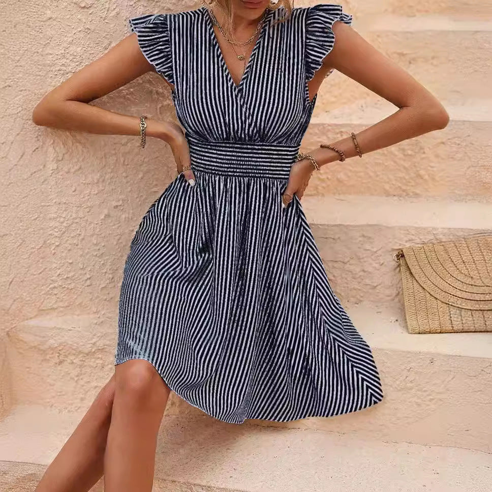 Damen Faltenkleid Streifen Taillenbund Sommer Norvielle