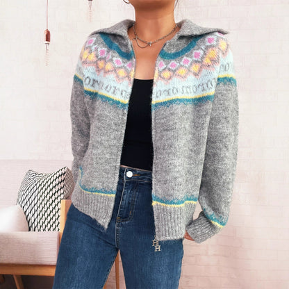 Damen Strickjacke Floralmuster Modern Reißverschluss Norvielle - Norvielle