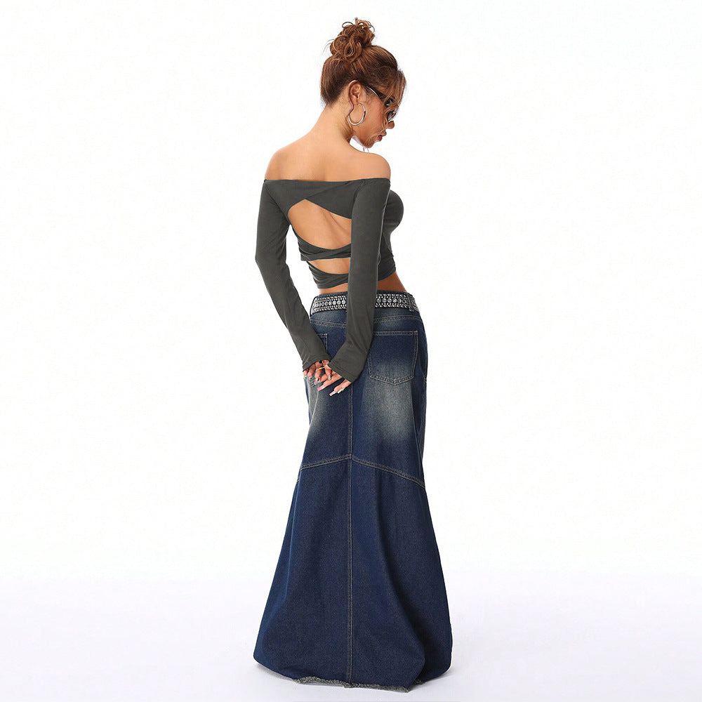 Damen Crop- Off-Shoulder Langärmlig Figurbetonter Stoff Norvielle