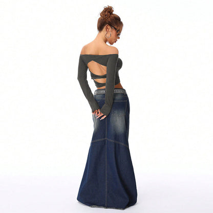 Damen Crop- Off-Shoulder Langärmlig Figurbetonter Stoff Norvielle