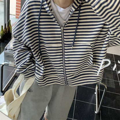 Damen Zip-Hoodie Gestreift Lässiger Schnitt Tiefes Rot