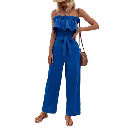 Damen Jumpsuit Voluminöse Rüschen Taillengürtel Norvielle