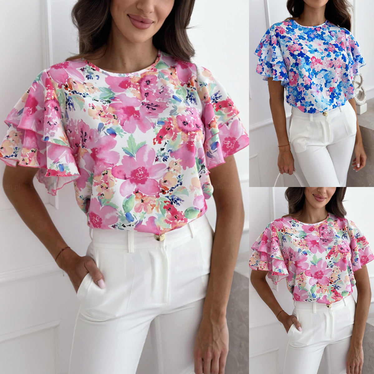 Damen Bluse Voluminöse Rüschenärmel Florales Design Norvielle - Norvielle