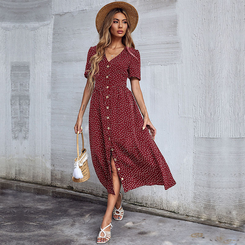 Damen Midi-Kleid Punktmuster Knopfleiste