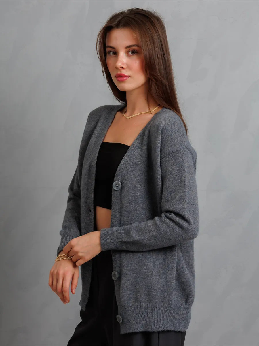 Damen Strickjacke Knöpfe V-Ausschnitt Norvielle
