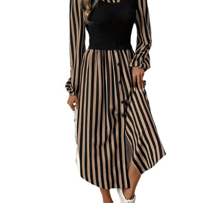 Damen Kleid Streifen Tailliert Knöpfe