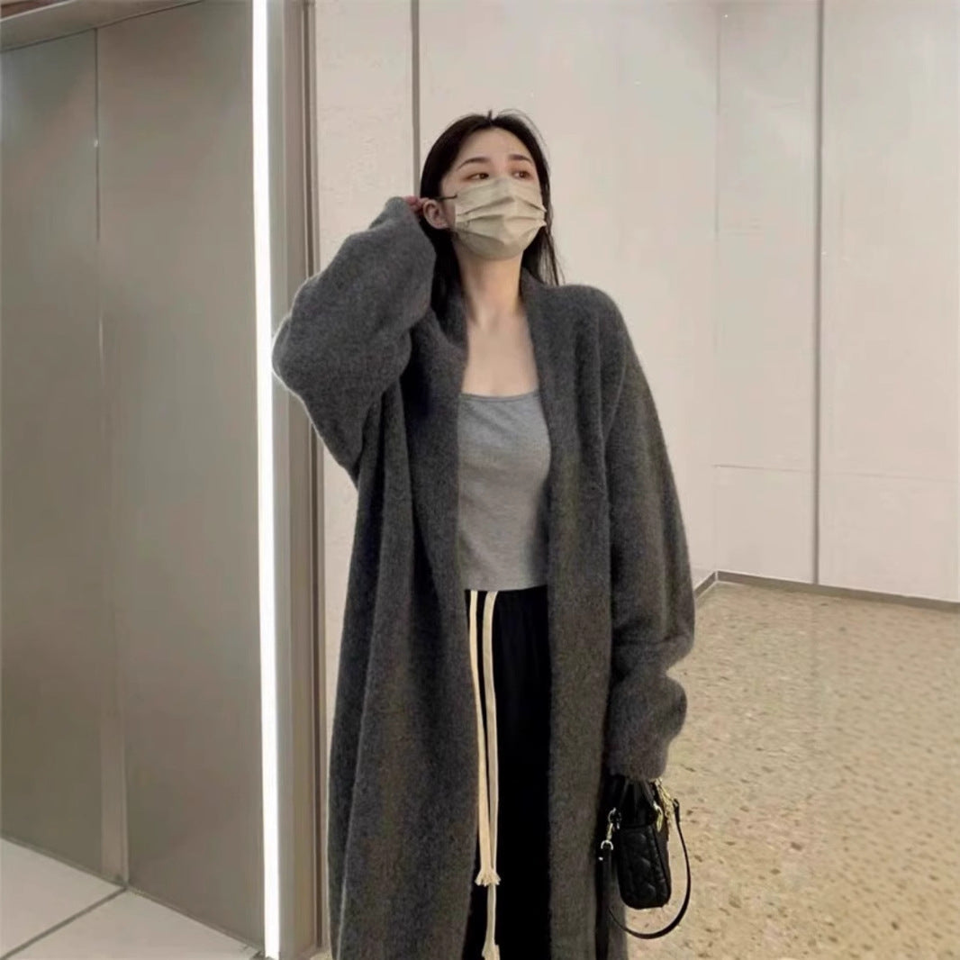 Damen Strickmantel Lang aus Merino-Wolle mit Taschen Beige - Norvielle