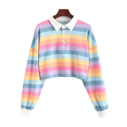 Damen Kurzarm Polo Sweater Bunte Streifen