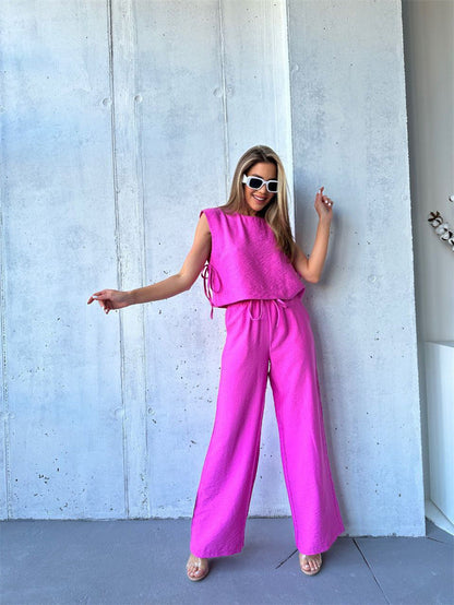 Damen Jumpsuit Weitbeinig Geschichtetes Oberteil Kordelzug Norvielle